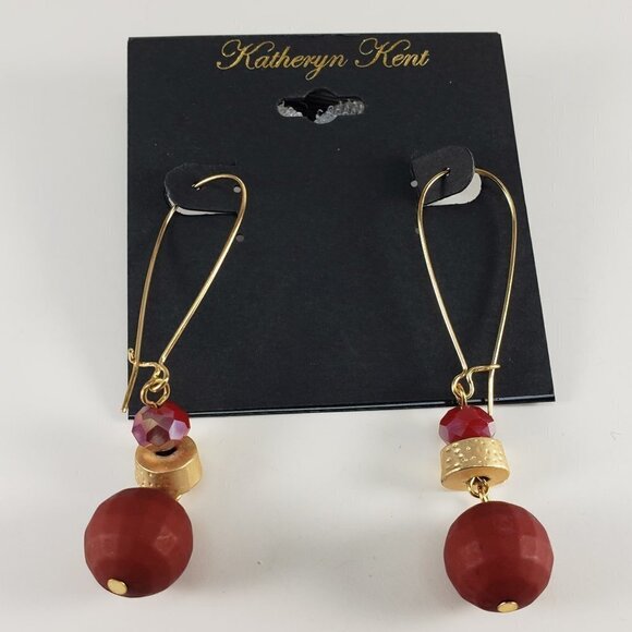 Katheryn Kent Gold-Tone Long Drop Earrings – Burgundy Beads Elegant Design - Picture 5 of 8